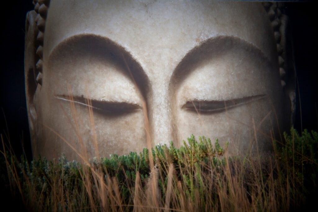 Buddha's closed eyes. Creative artwork on the wall.
